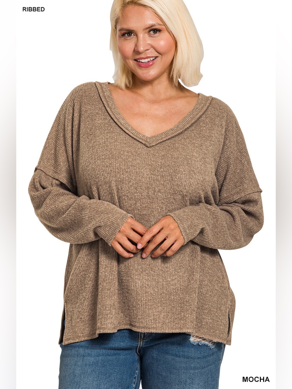 HT-2462X5 PLUS Zenana Mocha Ribbed Melange Long Sleeve Top